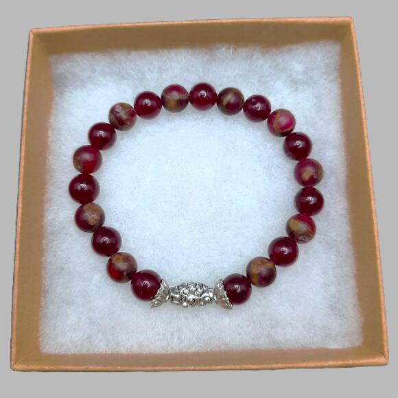 Earth Art hand crafted artisan Jewelry - Red Jasper Beaded Bracelet Artisan Made 8mm Gemstone Stretch Tibetan Silver New